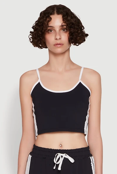 Stylish Contrast Trim Cropped Cami with Varsity Stripes
