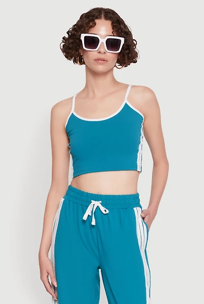 Womens Stylish Contrast Trim Cropped Cami with Varsity Stripes,