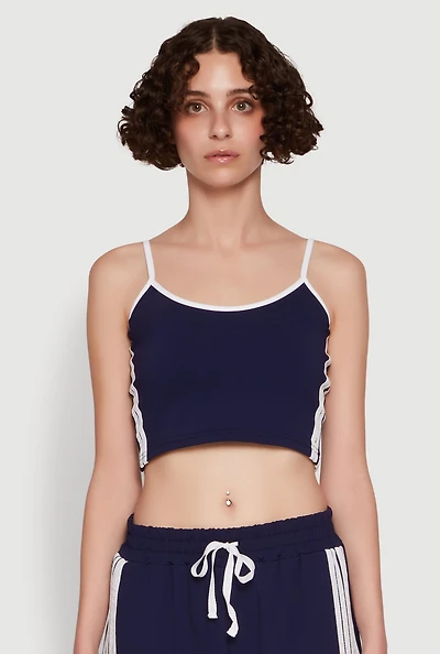 Womens Stylish Contrast Trim Cropped Cami with Varsity Stripes,