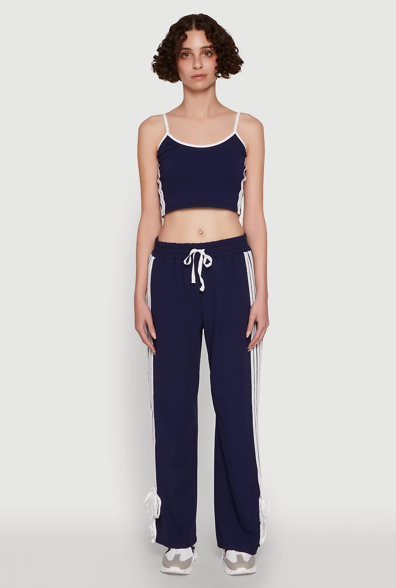 Womens Stylish Contrast Trim Cropped Cami with Varsity Stripes, Blue,