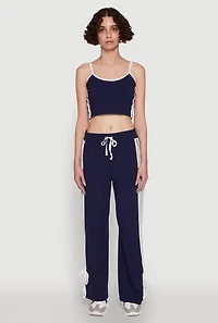 Womens Stylish Contrast Trim Cropped Cami with Varsity Stripes, Blue,
