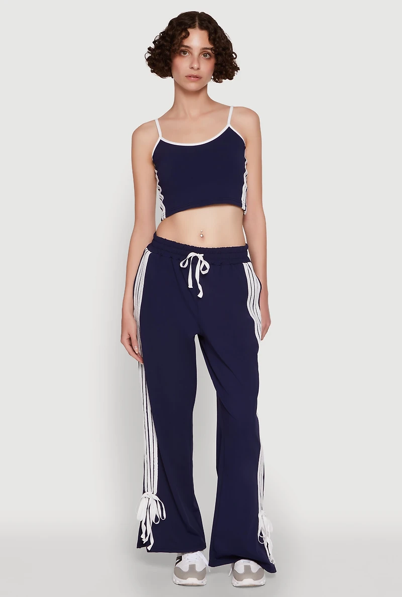 Womens Stylish Contrast Trim Cropped Cami with Varsity Stripes, Blue,