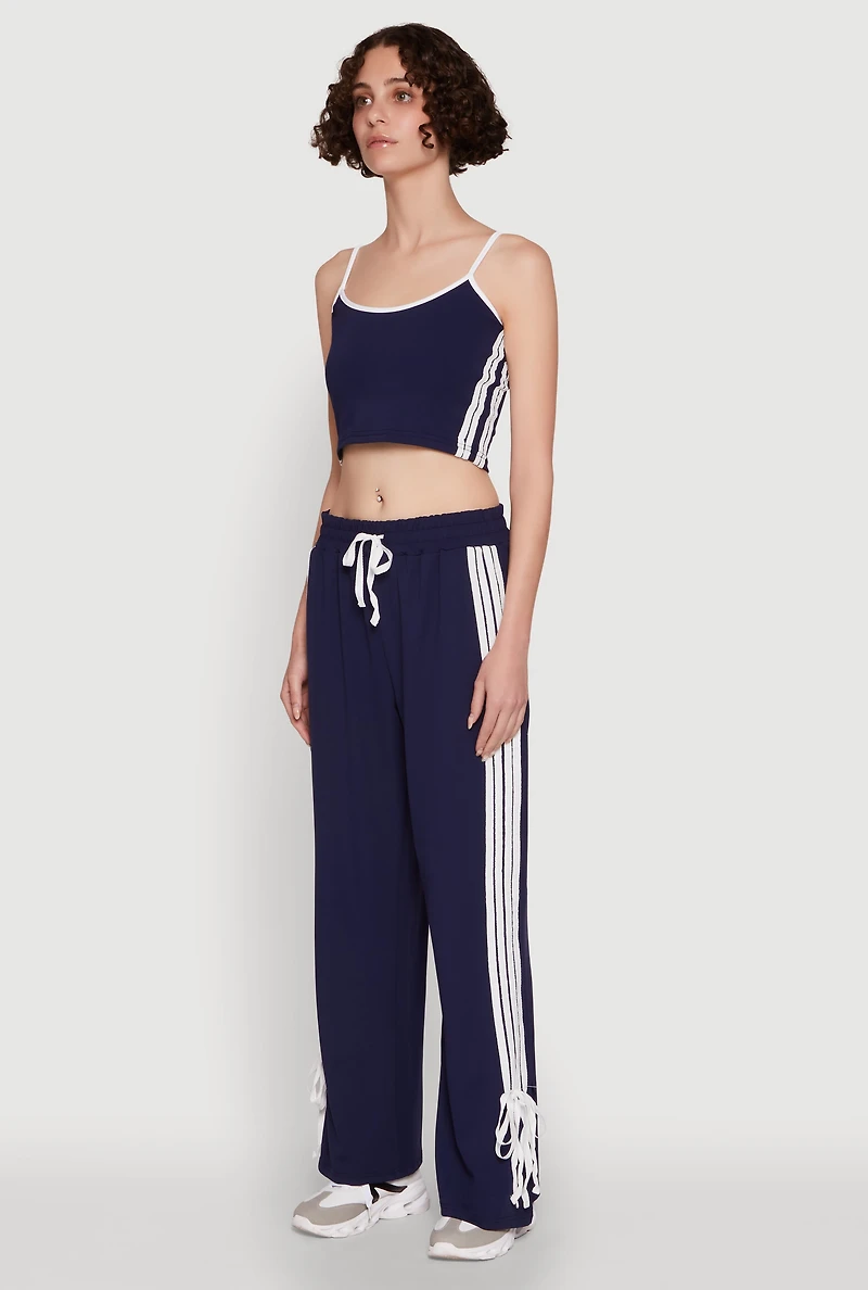 Womens Stylish Contrast Trim Cropped Cami with Varsity Stripes, Blue,