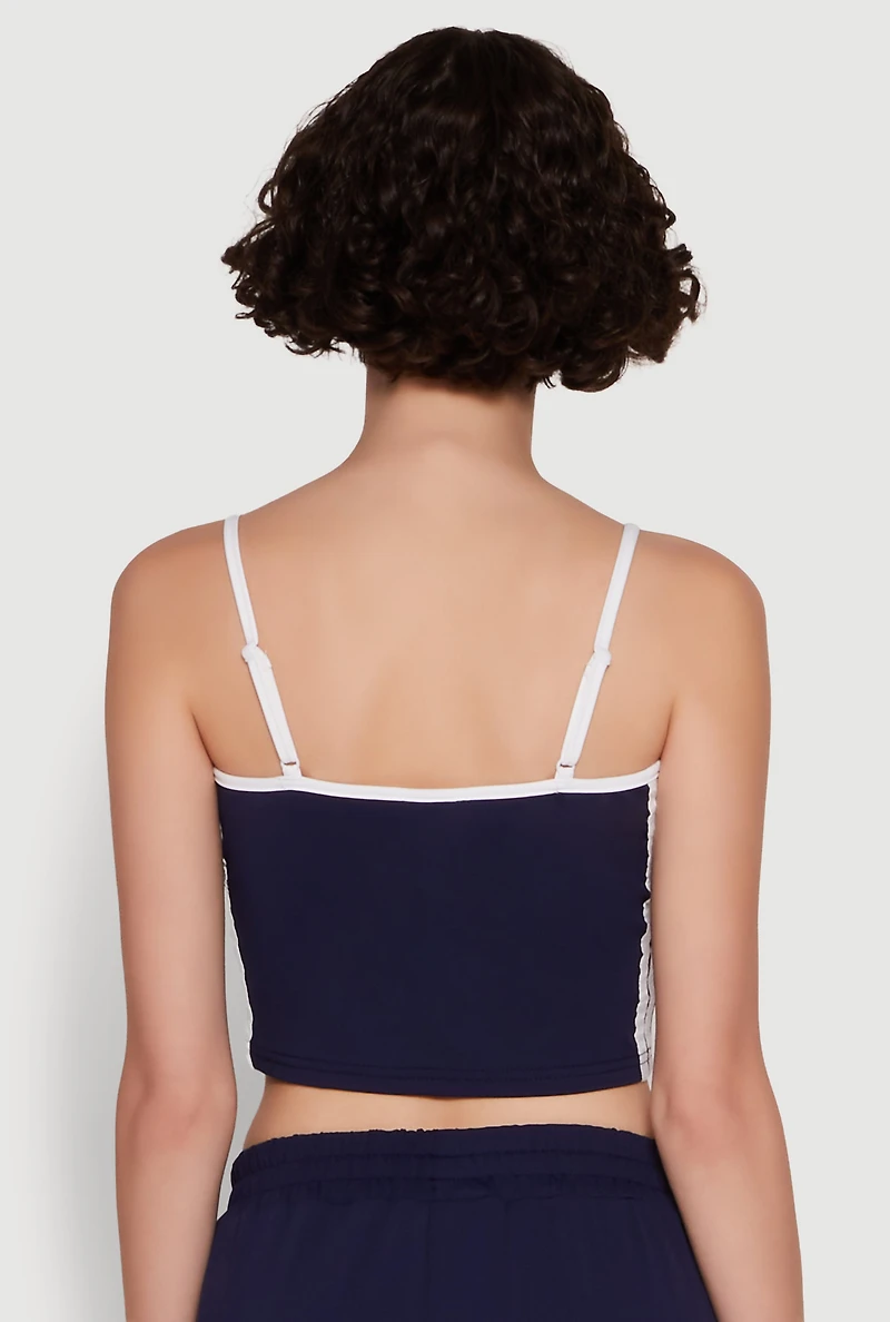 Womens Stylish Contrast Trim Cropped Cami with Varsity Stripes, Blue,