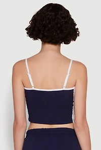 Womens Stylish Contrast Trim Cropped Cami with Varsity Stripes, Blue,