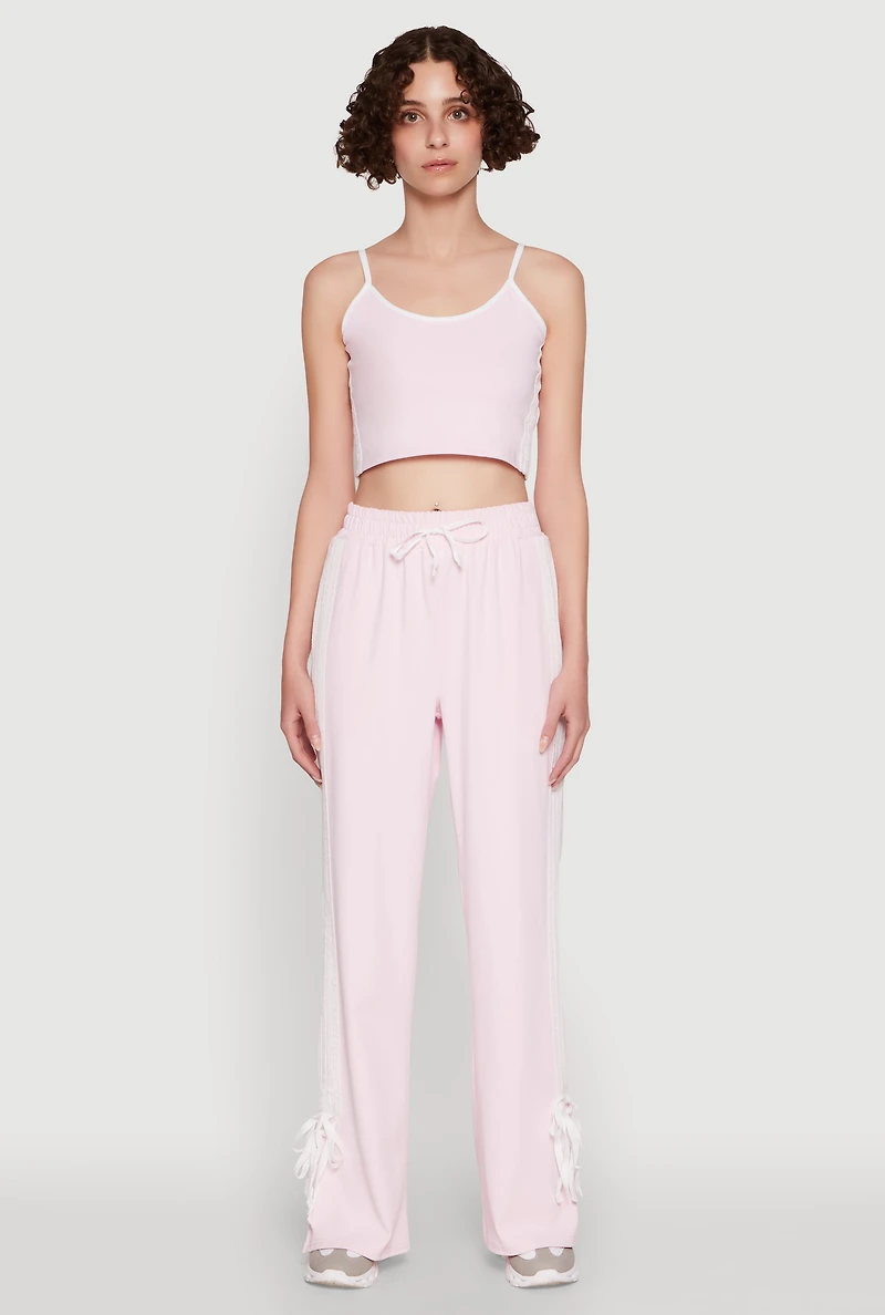 Womens Stylish Contrast Trim Cropped Cami with Varsity Stripes, Pink, Size L