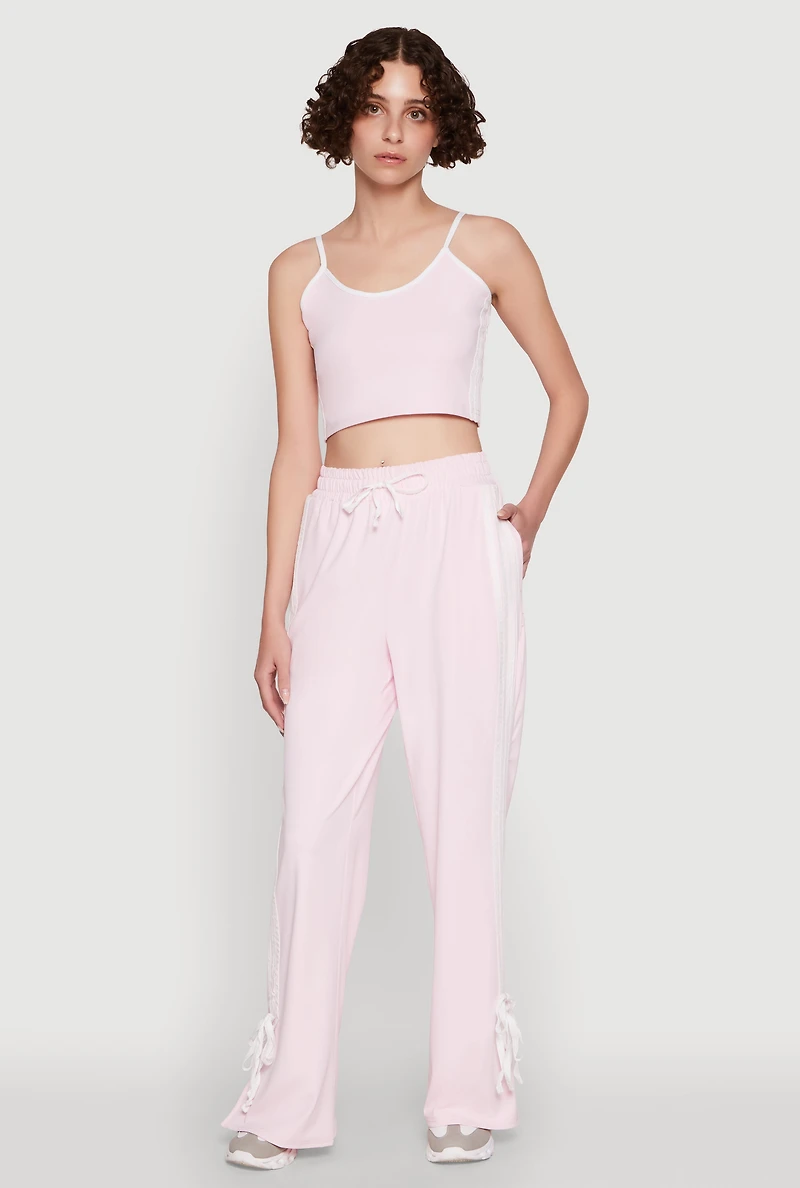 Womens Stylish Contrast Trim Cropped Cami with Varsity Stripes, Pink, Size M