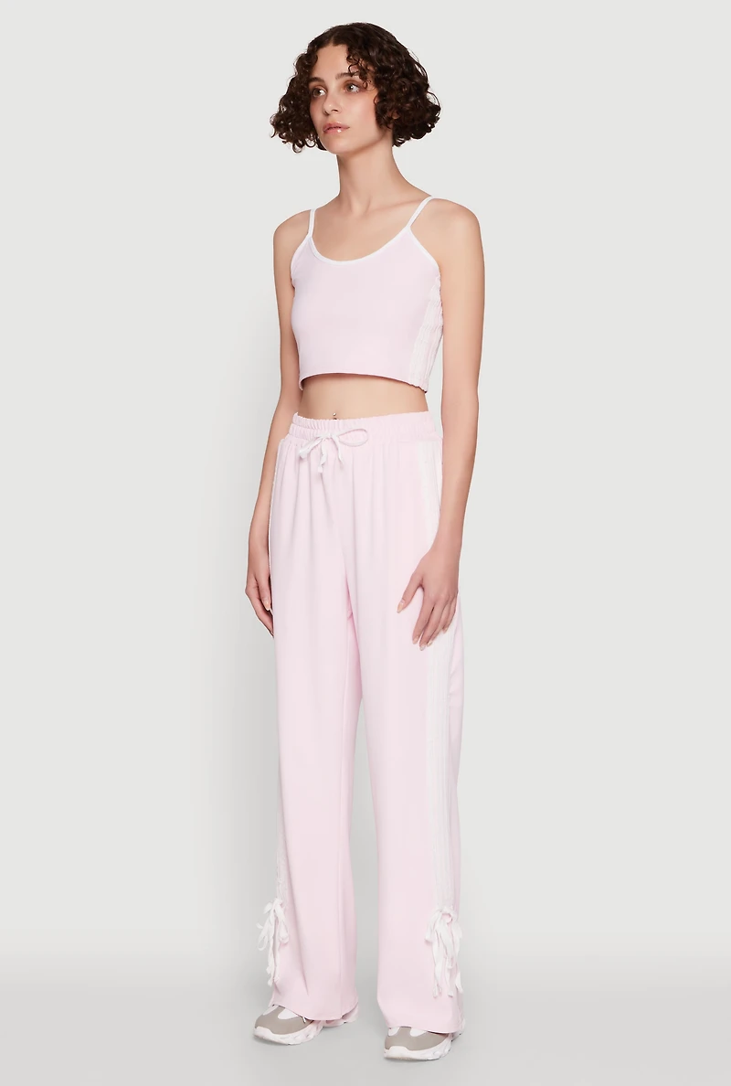 Womens Stylish Contrast Trim Cropped Cami with Varsity Stripes, Pink, Size M