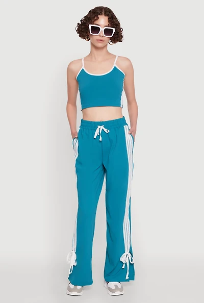 Womens Stylish Varsity Stripe Active Pants with Side Slits, Blue,