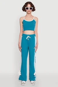 Womens Stylish Varsity Stripe Active Pants with Side Slits, Blue,