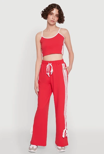 Womens Stylish Varsity Stripe Active Pants with Side Slits, Red, Size XL