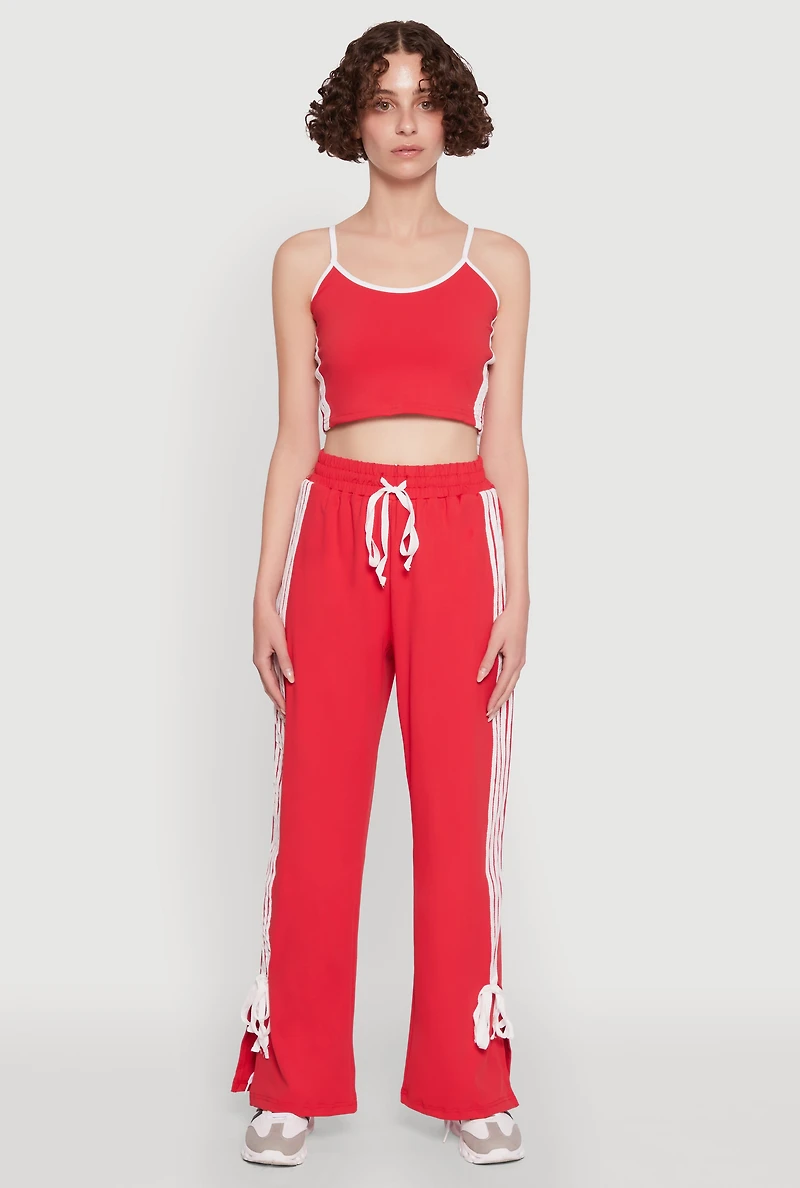 Womens Stylish Varsity Stripe Active Pants with Side Slits, Red, Size XL
