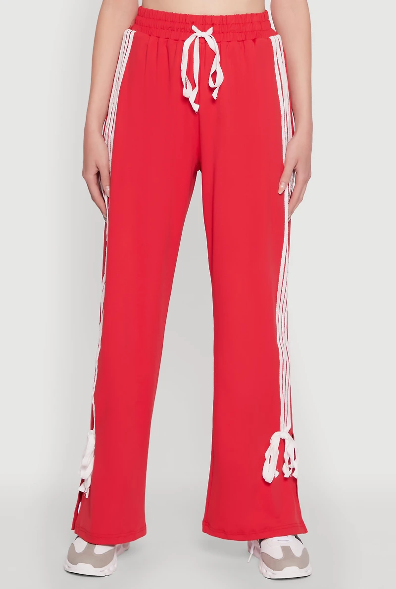Womens Stylish Varsity Stripe Active Pants with Side Slits, Red, Size XL