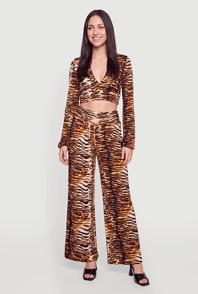 Tiger Print Ruched High Waisted Wide Leg Pants