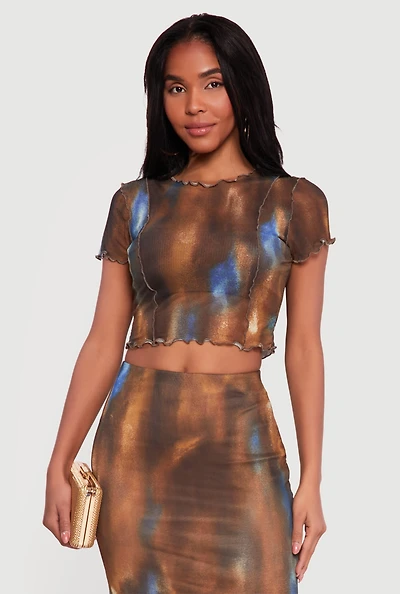 Patterned Mesh Lettuce Edge Crop Top