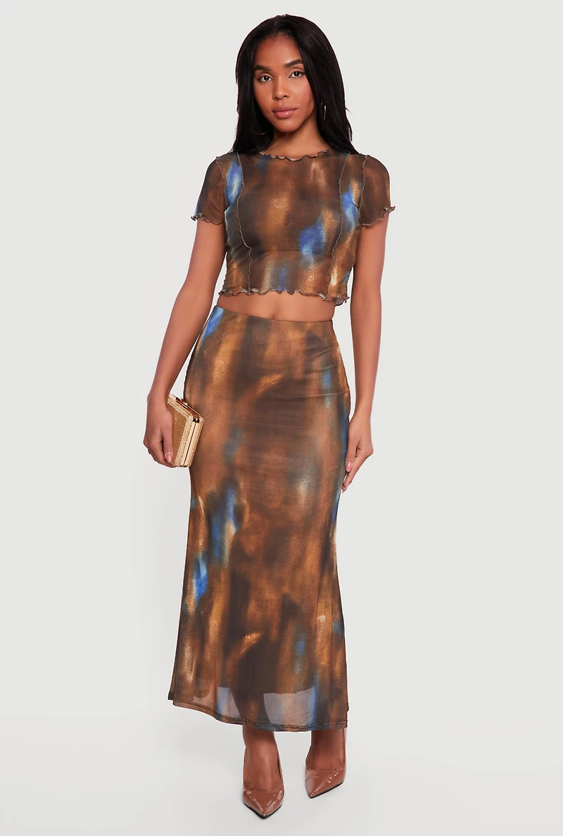 Patterned Mesh Lettuce Edge Crop Top