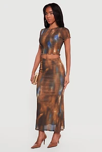 Patterned Mesh Lettuce Edge Crop Top