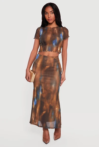 Patterned Mesh Overlay Maxi Skirt