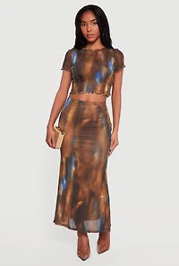 Patterned Mesh Overlay Maxi Skirt