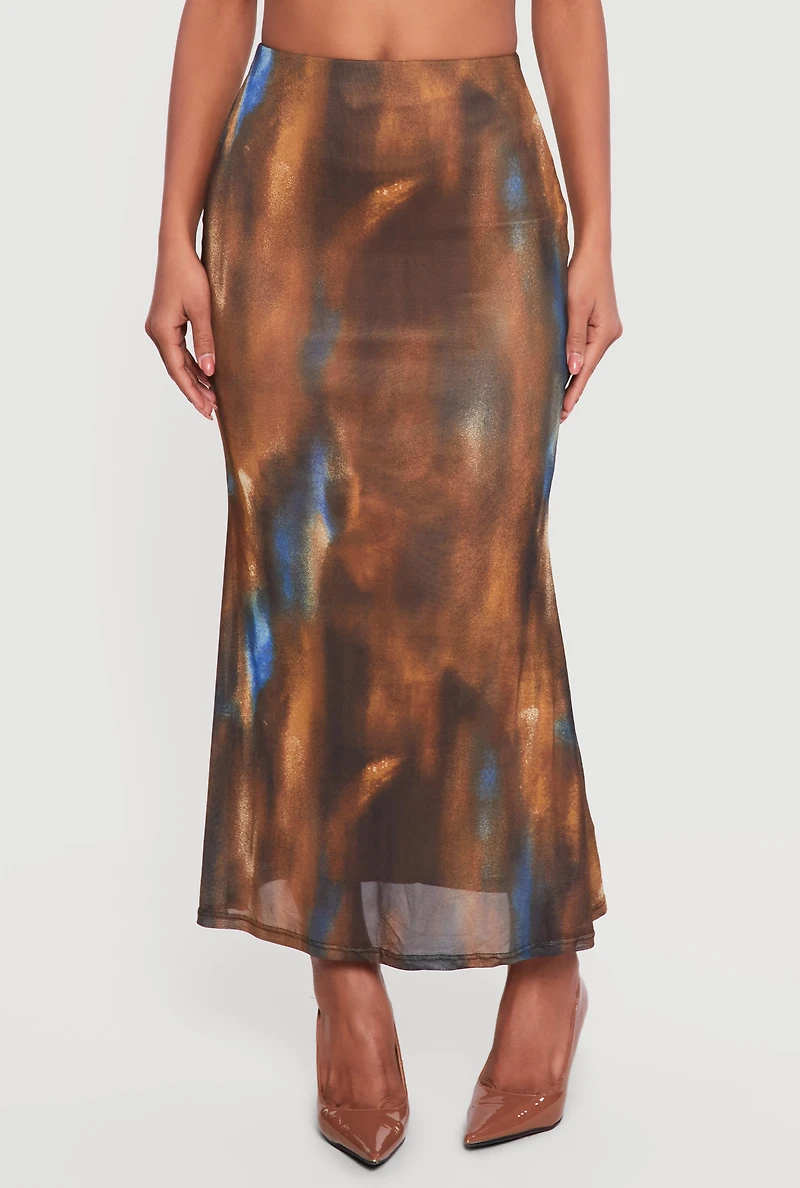 Patterned Mesh Overlay Maxi Skirt