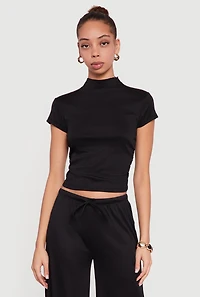 Ribbed Knit Ruched Mock Neck Crop Top
