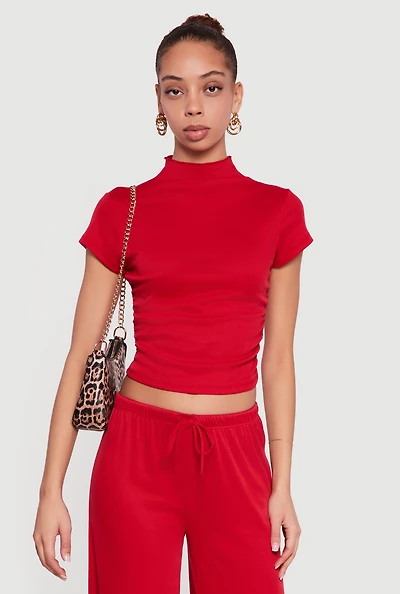Ribbed Knit Ruched Mock Neck Crop Top