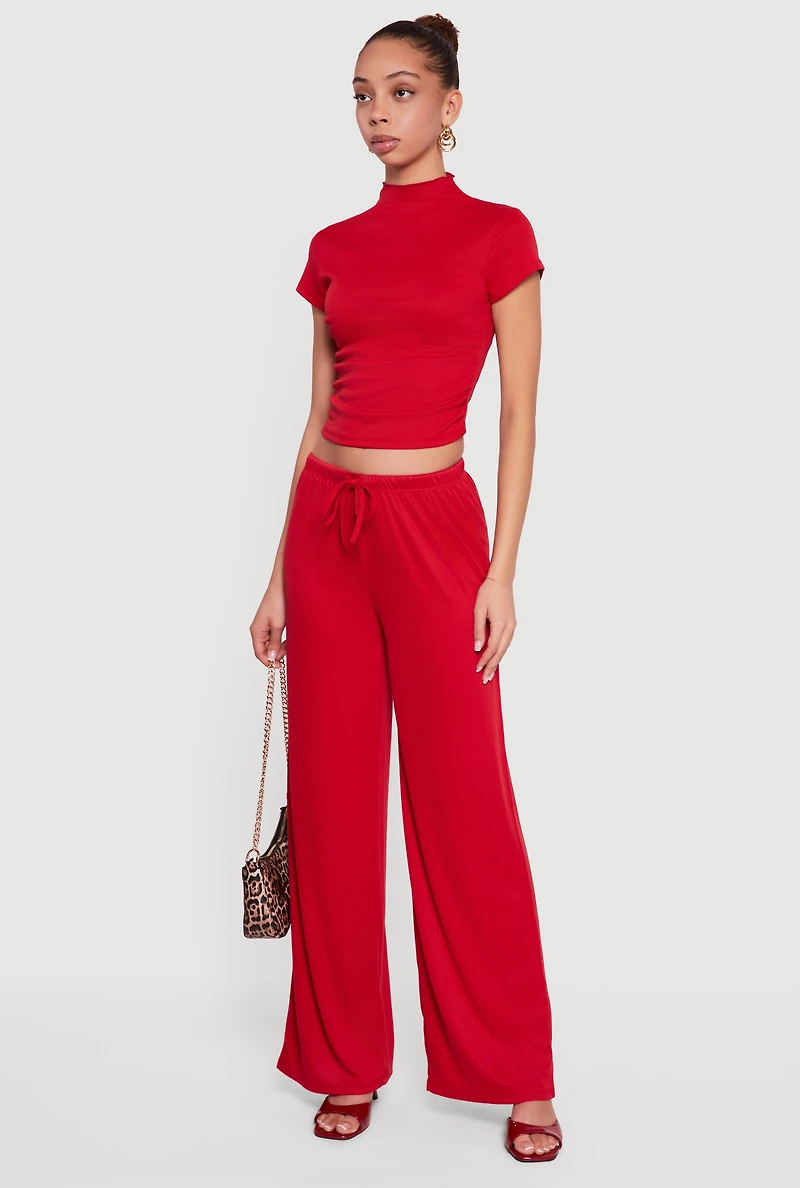 Ribbed Knit Ruched Mock Neck Crop Top