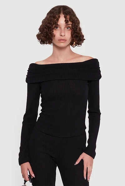 Womens Ribbed Knit Side Ruched Fold Over Blouse, Black, Size L