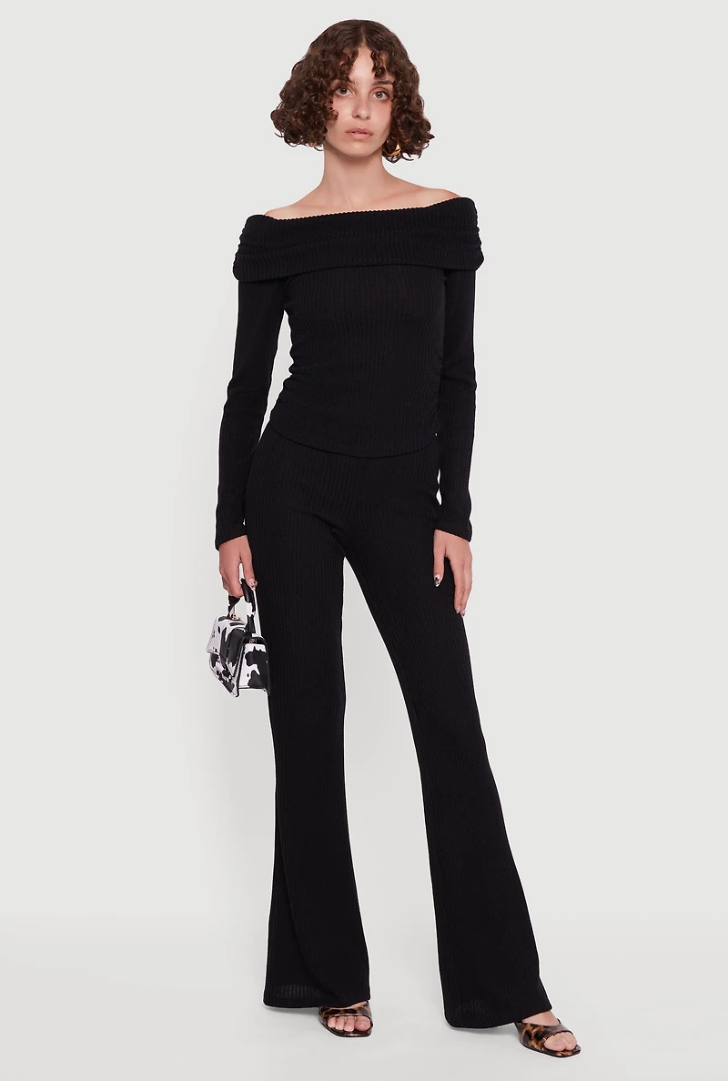 Womens Ribbed Knit Side Ruched Fold Over Blouse,