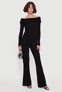 Womens Ribbed Knit Side Ruched Fold Over Blouse,
