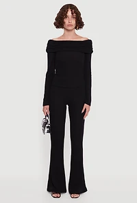 Womens Ribbed Knit Side Ruched Fold Over Blouse, Black, Size L