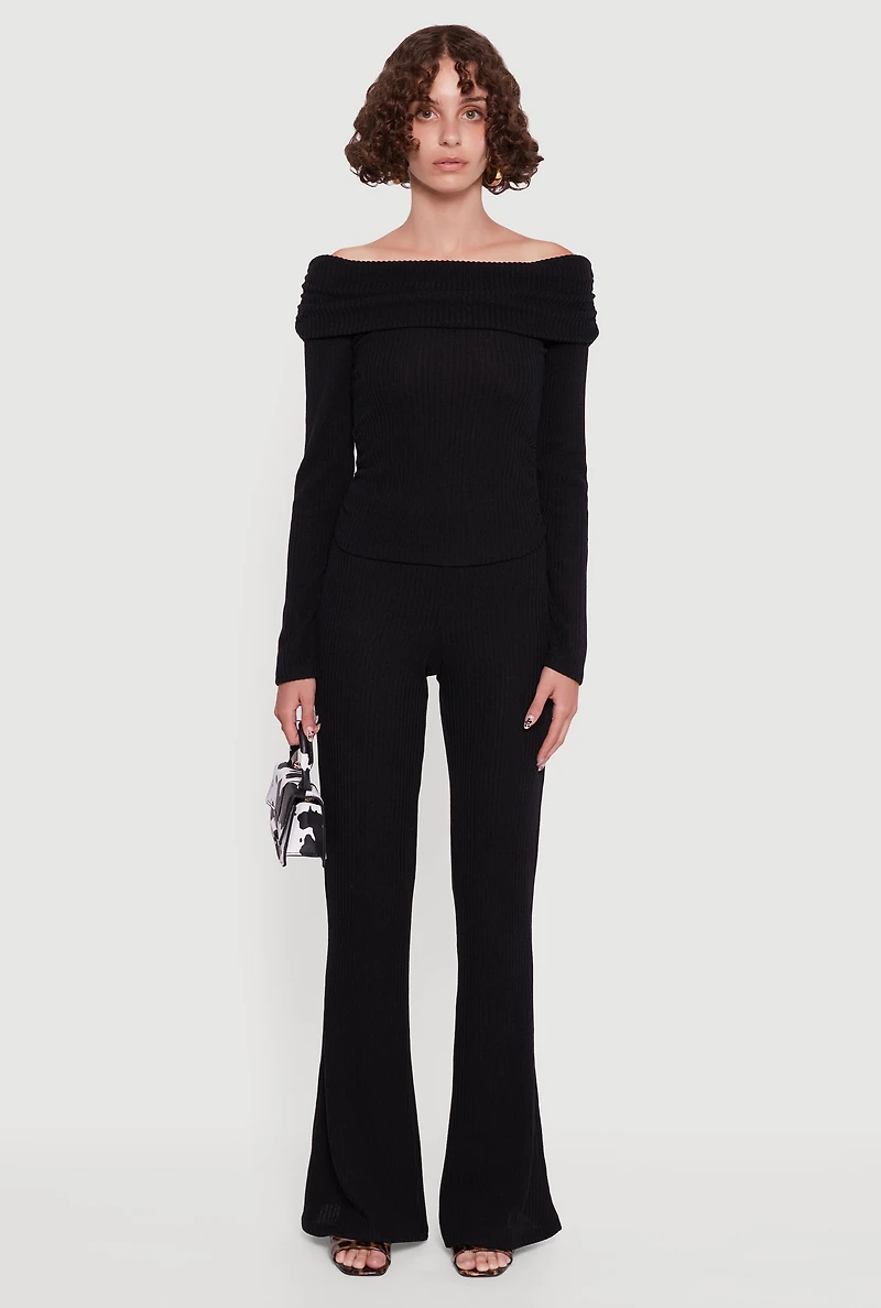 Womens Ribbed Knit Side Ruched Fold Over Blouse,