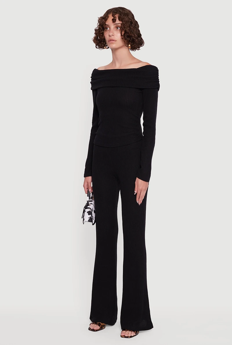 Womens Ribbed Knit Side Ruched Fold Over Blouse,