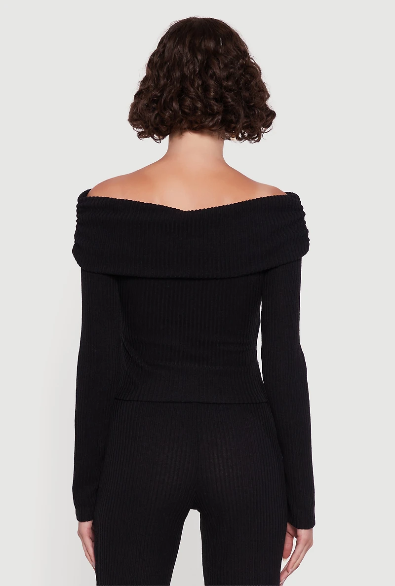 Womens Ribbed Knit Side Ruched Fold Over Blouse,