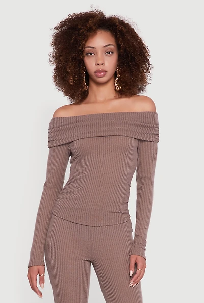 Womens Ribbed Knit Side Ruched Fold Over Blouse, Brown, Size L