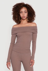Womens Ribbed Knit Side Ruched Fold Over Blouse, Brown, Size L