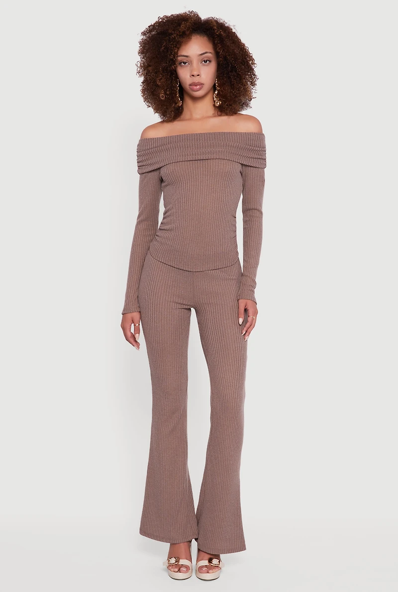 Womens Ribbed Knit Side Ruched Fold Over Blouse, Brown, Size L