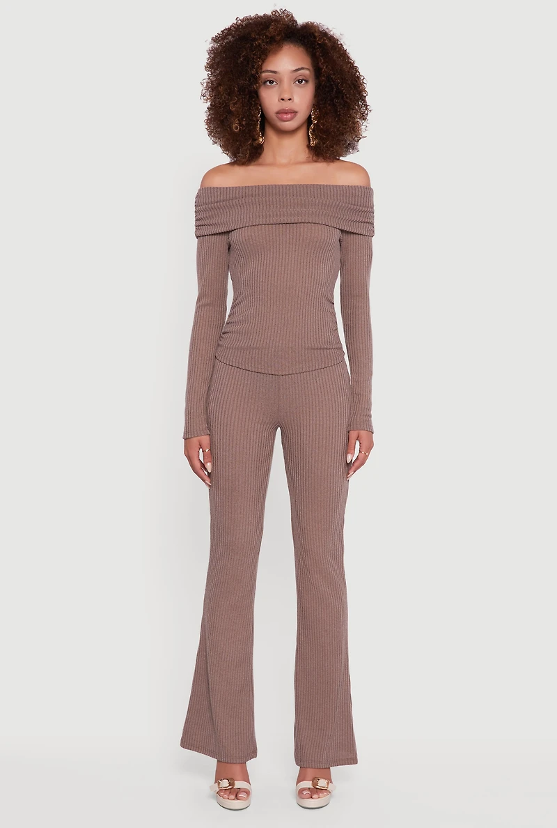 Womens Ribbed Knit Side Ruched Fold Over Blouse, Brown, Size L