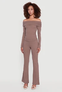Womens Ribbed Knit Side Ruched Fold Over Blouse, Brown, Size L