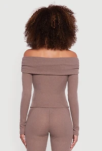 Womens Ribbed Knit Side Ruched Fold Over Blouse, Brown, Size L