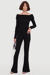 Womens Ribbed Knit Flare Leg Casual Pants, Black, Size XL