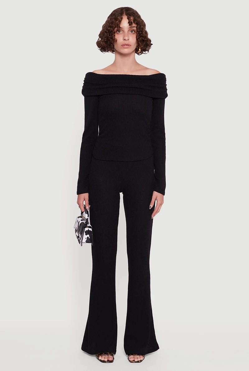 Womens Ribbed Knit Flare Leg Casual Pants, Black, Size M