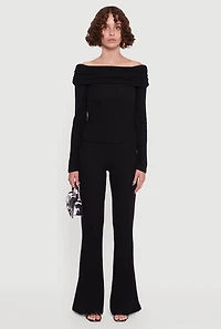 Womens Ribbed Knit Flare Leg Casual Pants, Black, Size M