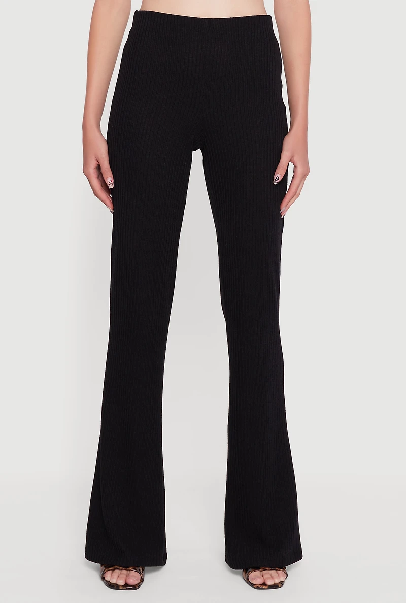 Womens Ribbed Knit Flare Leg Casual Pants, Black, Size XL