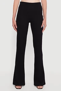 Womens Ribbed Knit Flare Leg Casual Pants, Black, Size S