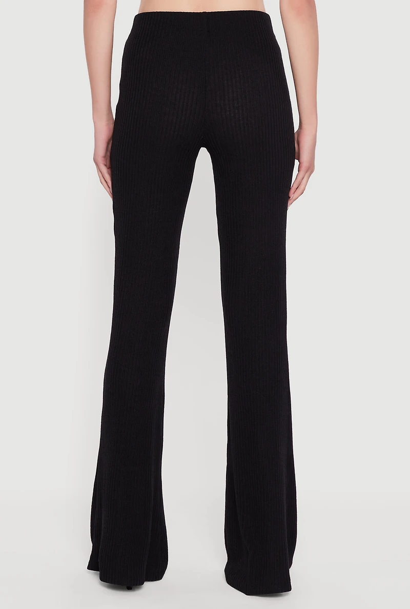 Womens Ribbed Knit Flare Leg Casual Pants, Black, Size XL