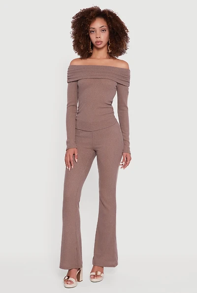 Womens Ribbed Knit Flare Leg Casual Pants, Brown, Size S