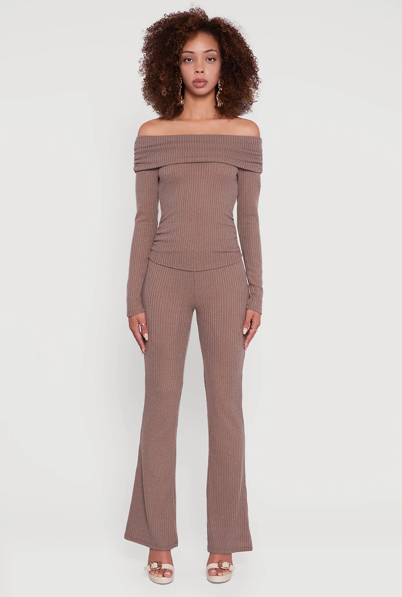 Womens Ribbed Knit Flare Leg Casual Pants, Brown, Size XL