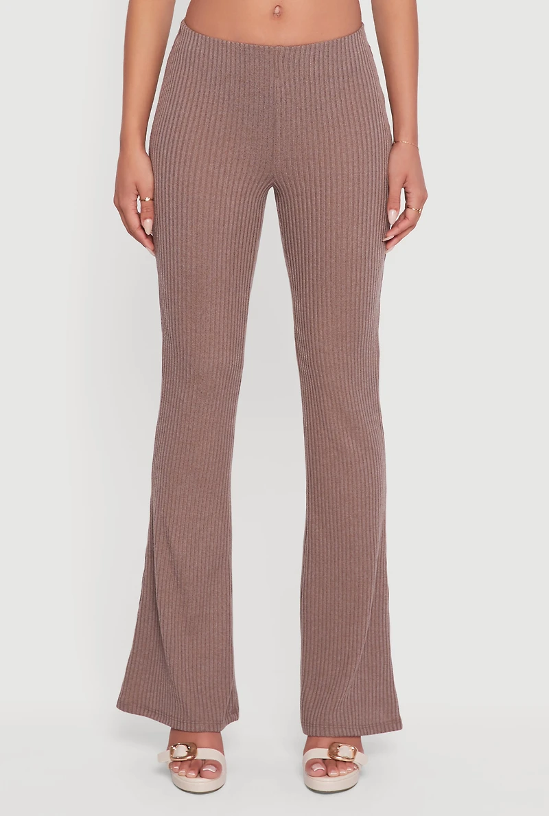 Womens Ribbed Knit Flare Leg Casual Pants, Brown, Size S