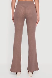 Womens Ribbed Knit Flare Leg Casual Pants, Brown, Size S